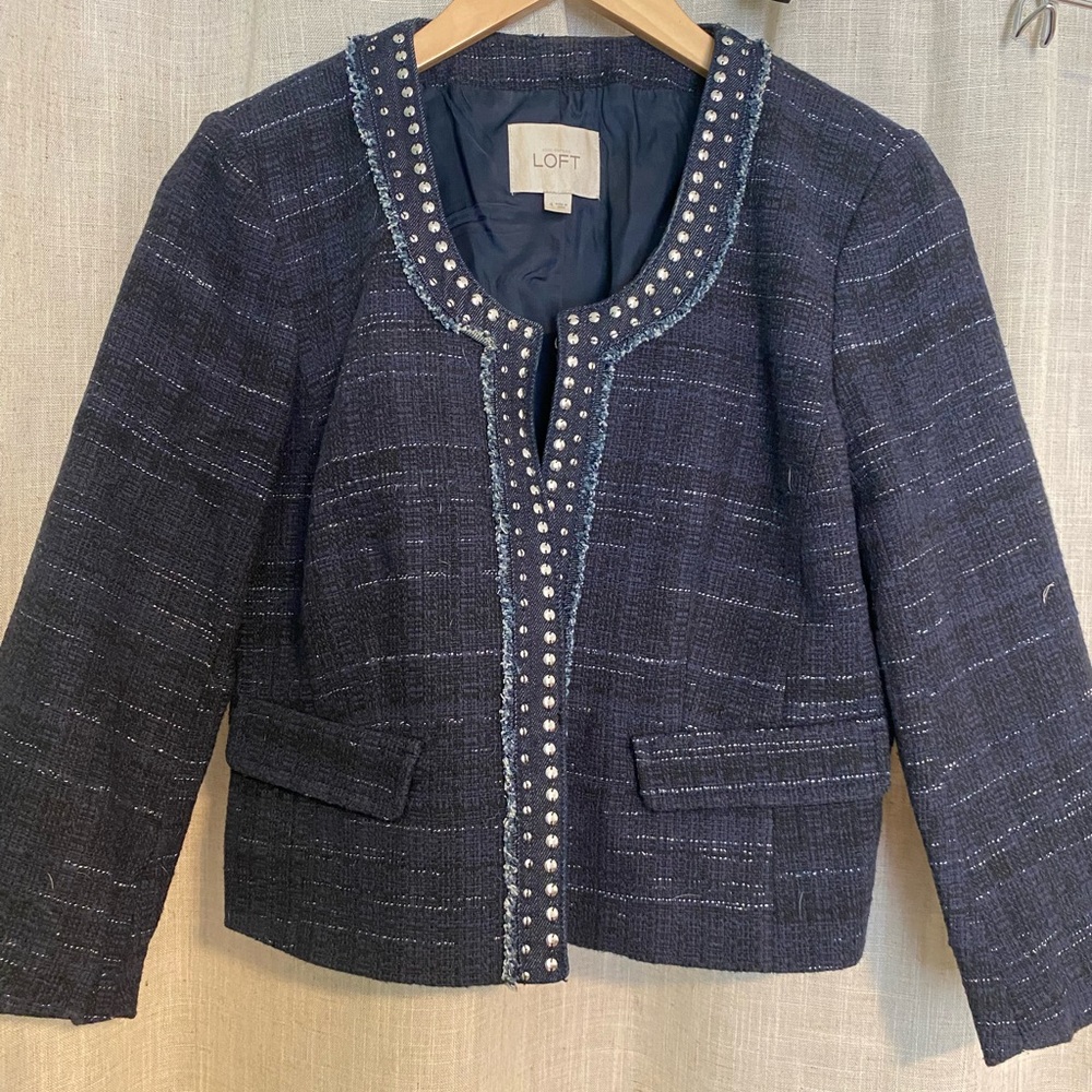 LOFT Blue Blazer with Textured Fabric and Decorative Trim